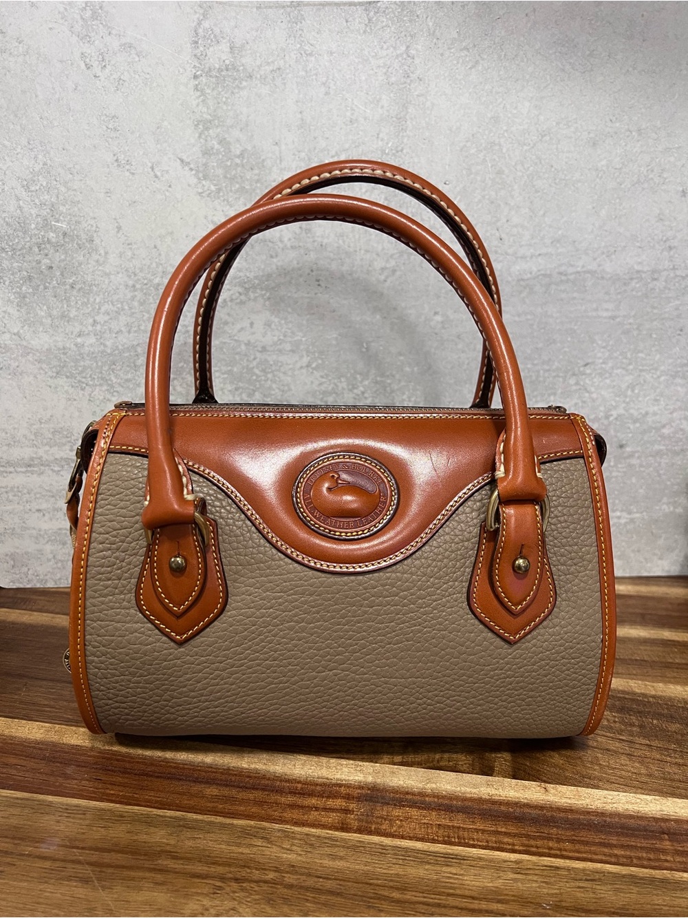 Dooney & Bourke Taupe Pebbled Satchel with Cognac Trim